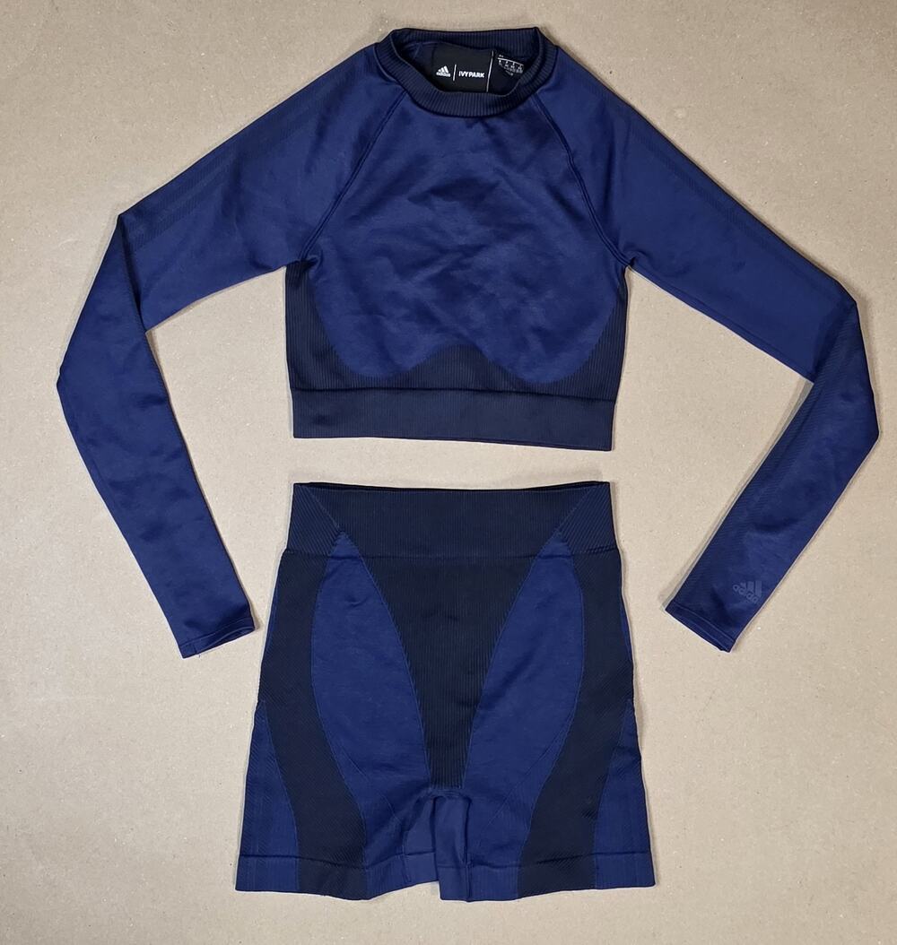 Adidas x IVY PARK Seamless Long Sleeve Crop Top and Bike Shorts Set SZ XS Blue